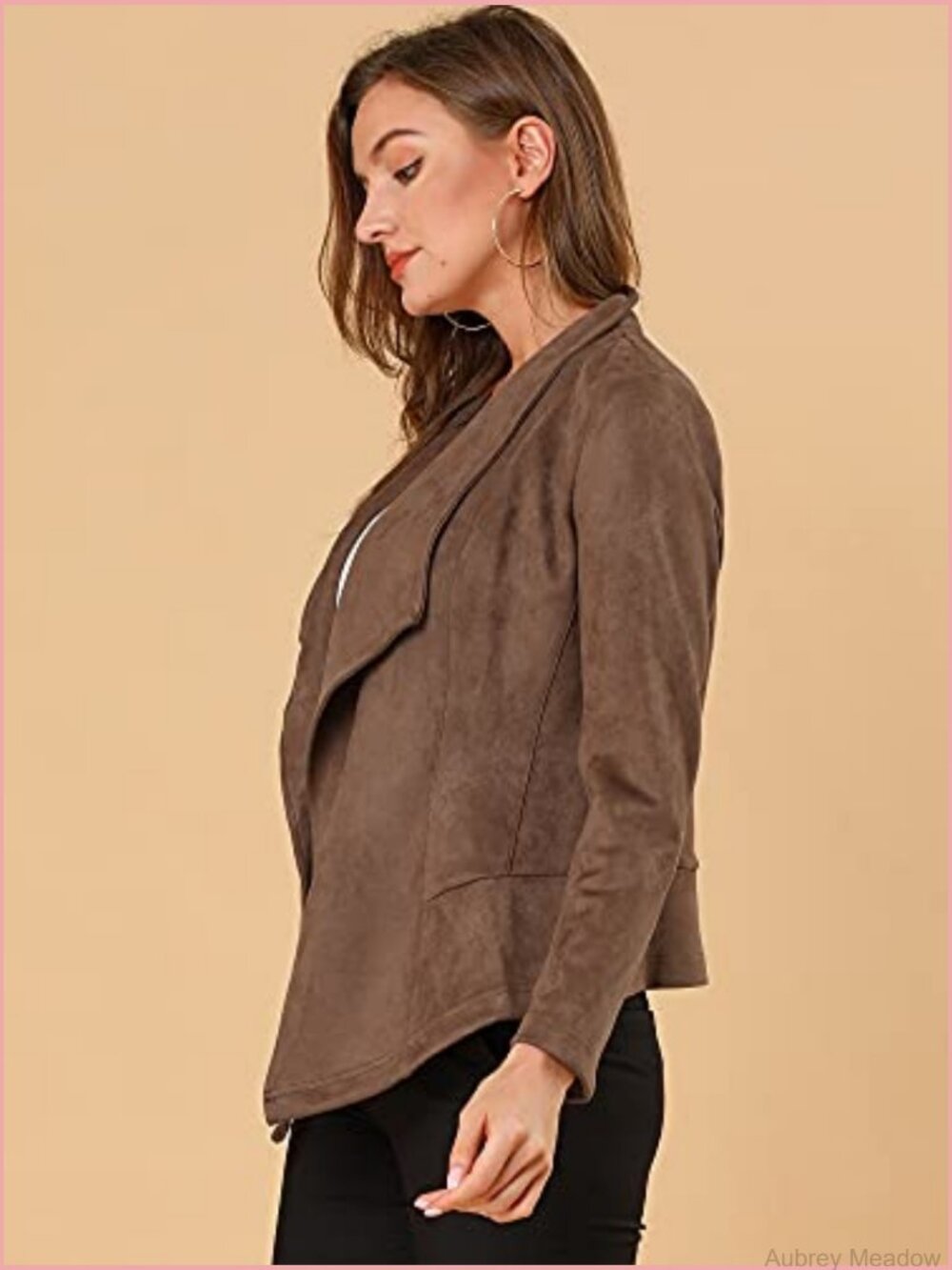 Faux Suede Open Front Cardigan Jacket with Drape Collar - Picture 4 of 7